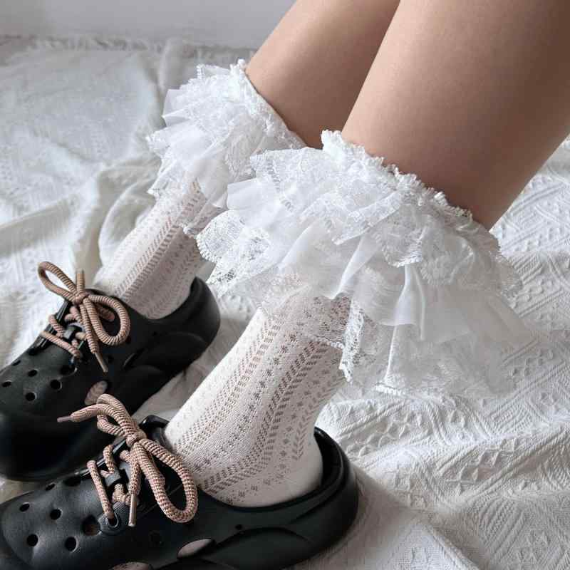 レッグウォーマー レディース ロリータ 日系 かわいい 淑女 三段 レース フリル チュール ショート丈 ソックスカバー 足首 袖口両用 ポリエステル