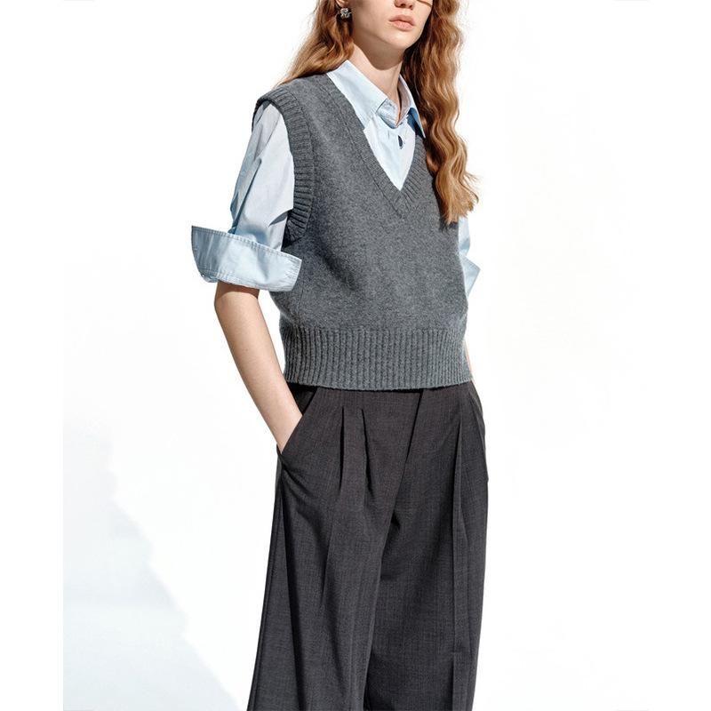 ニット レディース 春夏 カシミヤ ウール アクリル Vネック ノースリーブ ベスト デザイン性 無地 プルオーバー レギュラーフィット 中厚手 標準丈 通勤 オフィス ダークグレー(4)