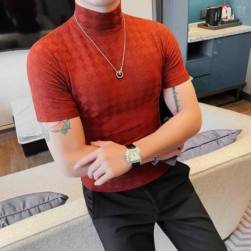 Tシャツ メンズ 男性用 春夏 薄手 吸湿速乾 通気性 ストレッチ スリムフィット 細身 モックネック ひし形格子 アーガイル柄 韓国風 カジュアル カットソー...