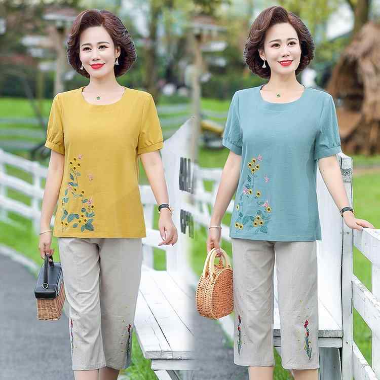 トップス レディース ミセス 春夏 綿麻 半袖 Tシャツ 花柄 刺しゅう 薄手 プルオーバー 九分丈パンツ カジュアル セットアップ マダム おしゃれ 上品