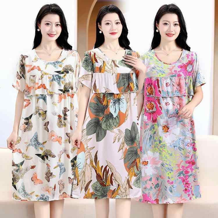 ワンピース レディース ママ 人造綿 レーヨン 接触冷感 通気性 胸元カバー 夏 ルームウェア パジャマ ..