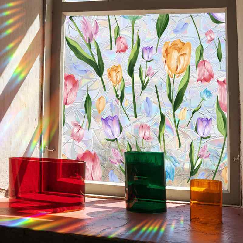 ウォールステッカー かわいい アニメーション風 カラフル チューリップ 両面デザイン ガラス 透明感 貼ってはがせる PVC製 リビング 寝室 書斎 玄関 バルコニー 店舗用 室内装飾 壁シール(x2)(3)