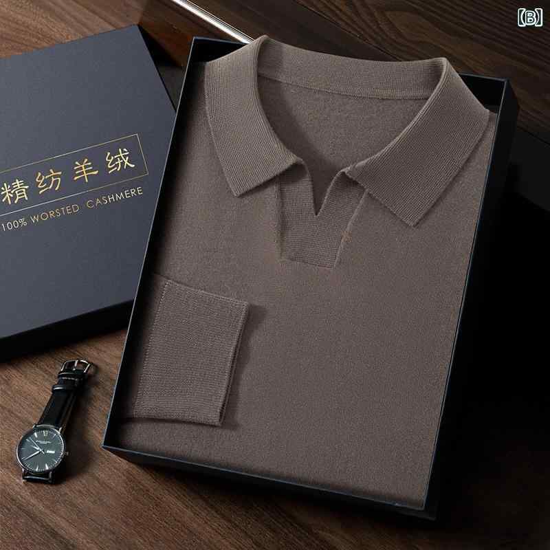 カシミヤセーター 男性用 100%純カシミヤ 春夏 薄手 軽量 接触冷感 ポロ襟 長袖 精紡ニット プルオーバー カジュアル イージーケア 上品 無地