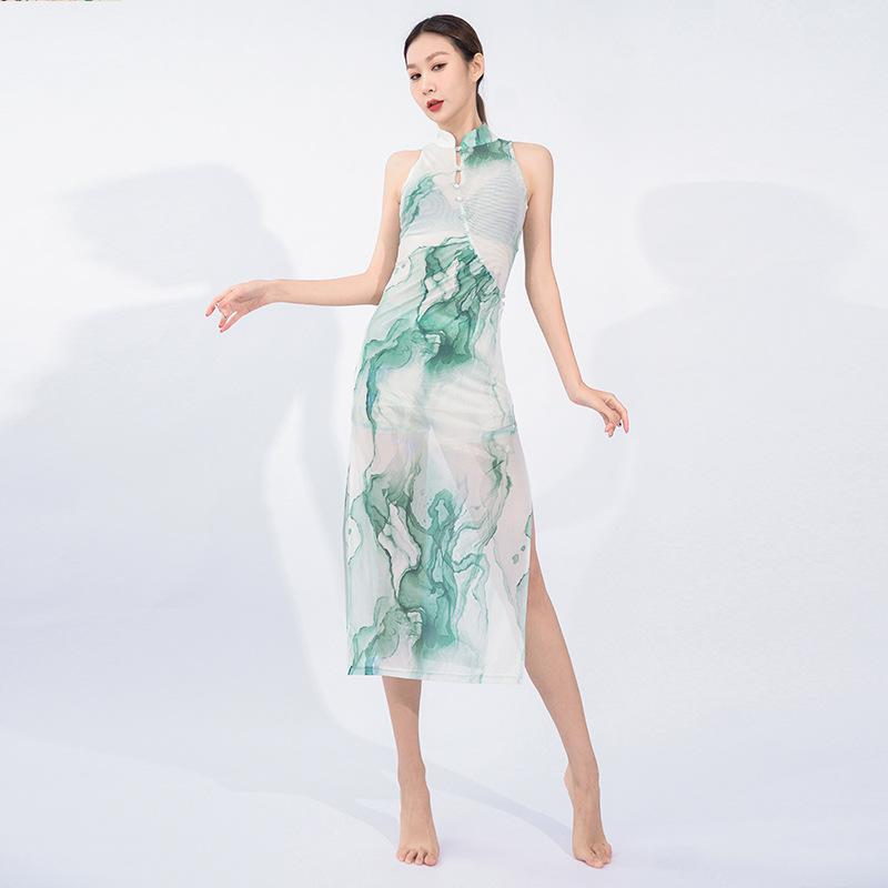 チャイナドレス レディース 春夏 グリーン 水墨画風 改良 モダン ノースリーブ 中華襟 スタンドカラー ..