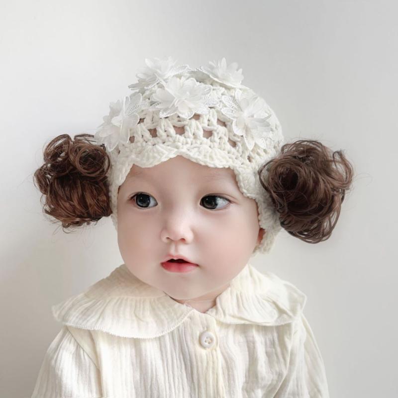 ベビー 帽子 新生児 赤ちゃん かわいい プリンセス ウィッグハット レース 手編み ニット帽 春秋 綿 コ..