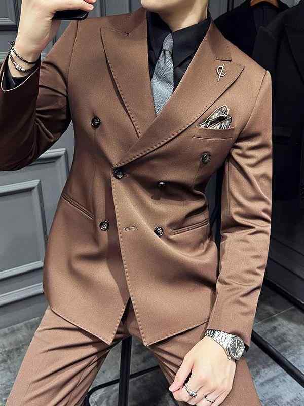 スーツ メンズ 男性用 秋冬 スリーピース 高級感 ピークドラペル ダブルブレスト 礼服 ビジネス フォーマル スリムフィット ライトビジネス