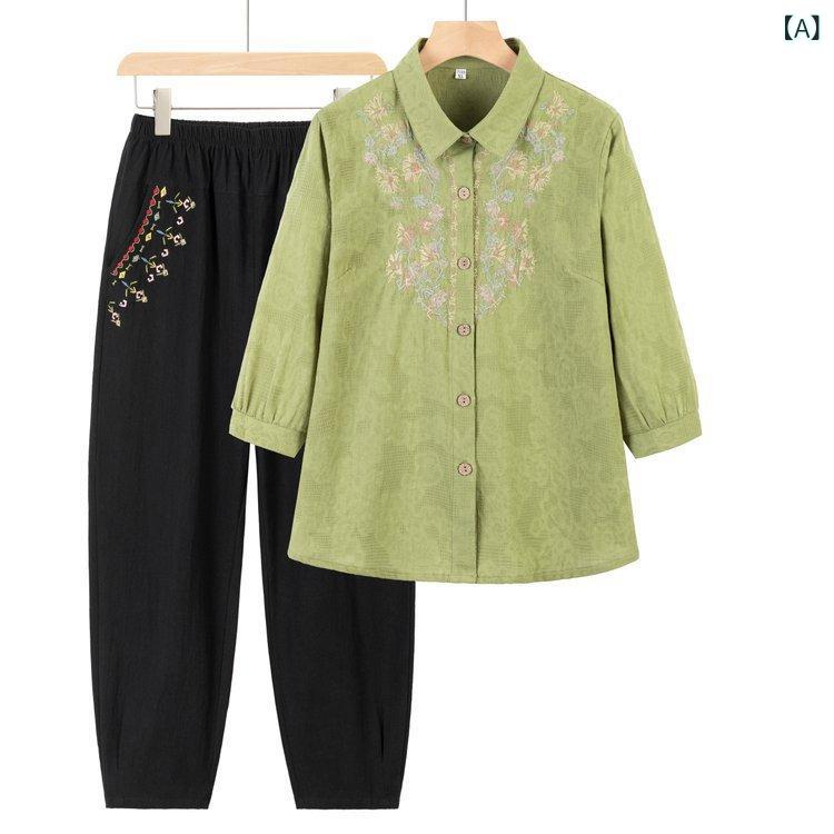 セットアップ レディース ミセス シニア 春夏 綿麻素材 五分袖 Tシャツ 花柄 刺繍 ゆったり 薄手 涼しい カジュアル ルームウェア 2点セット ロングパンツ おしゃれ mzymzy-10954986 モズラボ サンプル画像2
