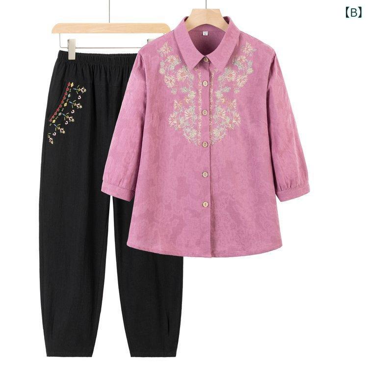 セットアップ レディース ミセス シニア 春夏 綿麻素材 五分袖 Tシャツ 花柄 刺繍 ゆったり 薄手 涼しい カジュアル ルームウェア 2点セット ロングパンツ おしゃれ mzymzy-10954986 モズラボ サンプル画像3