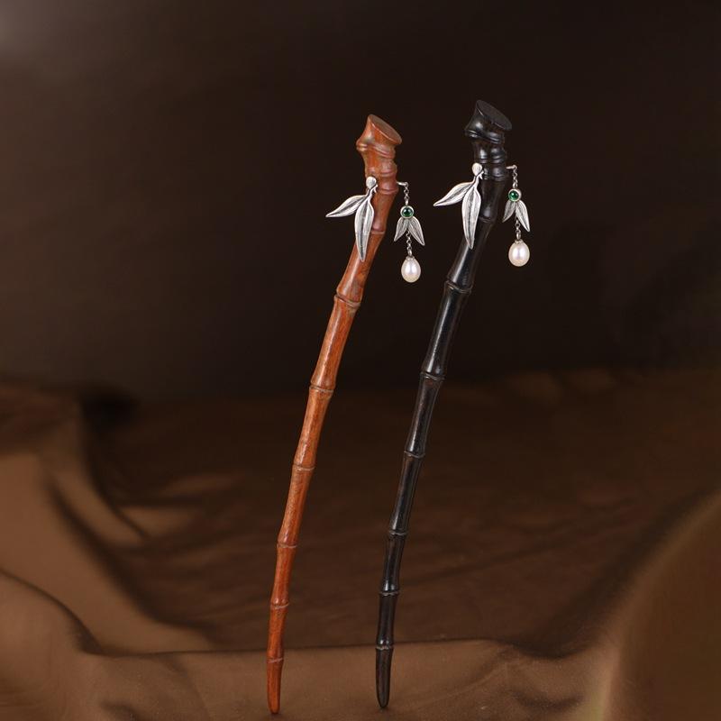 かんざし レディース 女性用 S925 シルバー 檀木 淡水パール 竹の葉 竹節 ロング 和装小物 浴衣 着物 まとめ髪 ヘアアクセサリー ギフト プレゼント 結婚式 誕生日 記念日 大人上品 エレガント フォーマル 縁起の良い