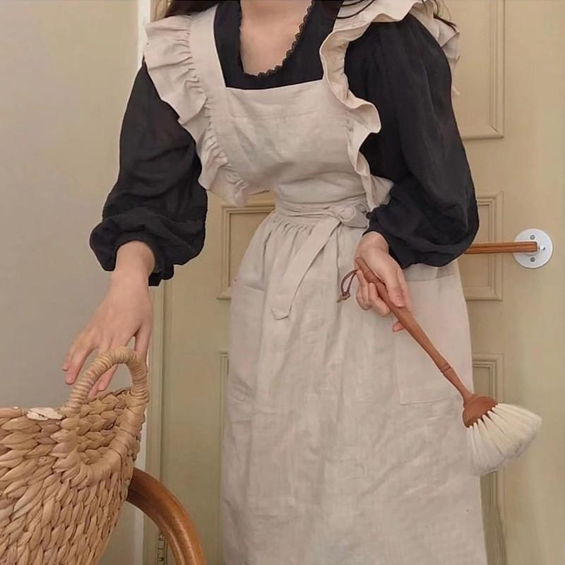 Gingham Aprons - エプロン レディース 防汚 フリル 韓国風 インスタ映え フレンチ レトロ 綿100% コットン レース 無地 カフェ キッチン 製菓 教室 ガーデニング 作業用 スモック