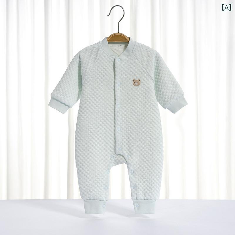 ロンパース ベビー 新生児 乳幼児 男女兼用 保温 防寒 あったか 立体綿 中綿入り キルティング 前開き スナップボタン 長袖 コットン100% フラットシーマ縫製 パジャマ 部屋着 春秋冬 0-1歳 80cm対応 2