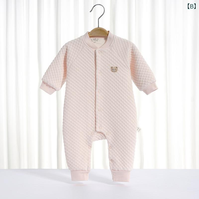 ロンパース ベビー 新生児 乳幼児 男女兼用 保温 防寒 あったか 立体綿 中綿入り キルティング 前開き スナップボタン 長袖 コットン100% フラットシーマ縫製 パジャマ 部屋着 春秋冬 0-1歳 80cm対応 3