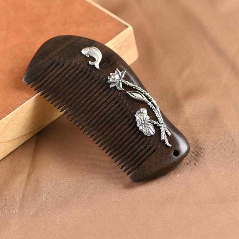 櫛 レディース 女性用 S925シルバー 白檀 無垢材 レトロ おしゃれ 錦鯉 蓮の花 モチーフ 誕生日 結婚式 記念日 プレゼント ギフト