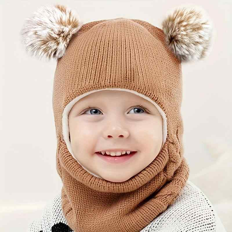 ニット帽 キッズ ベビー 男の子 女の子 男女兼用 ポンポン付き ネックウォーマー一体型 裏起毛 厚手 耳あて付き 保温 防寒 あったかい 首まで暖かい 防風 冬用 かわいい 毛糸の帽子
