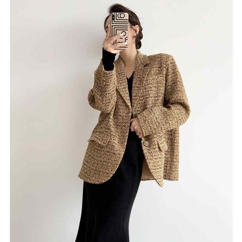 ジャケット レディース 厚手 あったか 秋冬 ツイード ブークレ オーバーサイズ ゆったり ルーズフィット ポロ襟 パフスリーブ 長袖 レトロ クラシカル 韓国ファッション きれいめ 大人カジュアル オフィス お出かけ 黄黒ミックスカラー ポリエステル