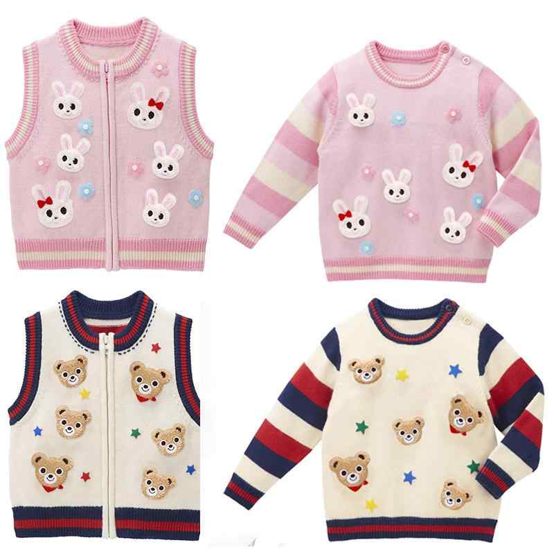 ニット セーター ベスト キッズ 子供 男女兼用 厚手 綿混 コットン プルオーバー 丸首 アニマル柄 カートゥーン柄 カジュアル 秋冬 クマ ウサギ