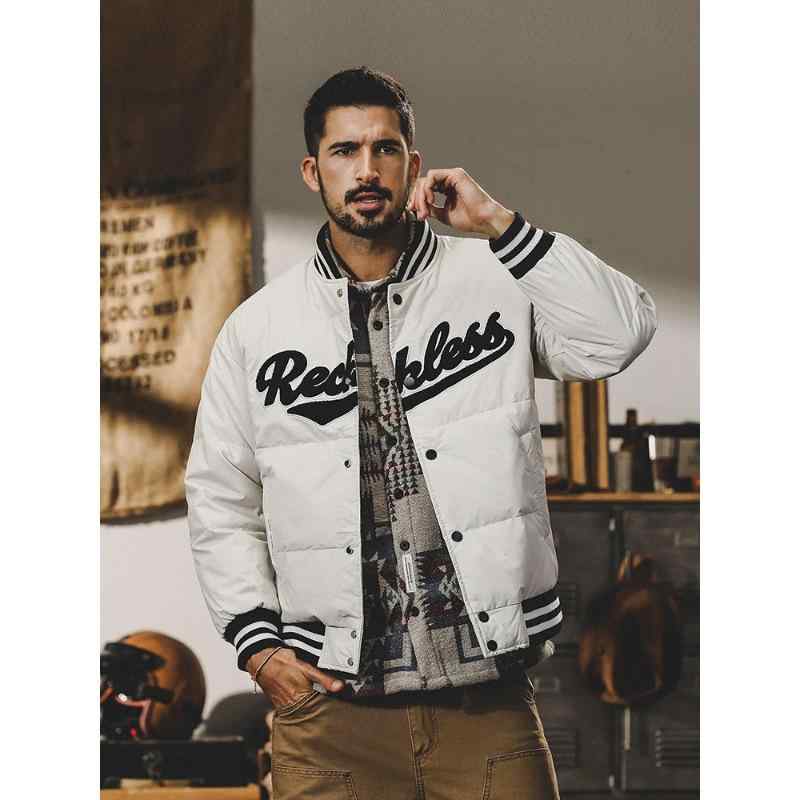 ダウンジャケット メンズ 極厚 防寒 保温 暖かい ノーカラー ルーズ ゆったり ビッグシルエット ロング丈 白ダックダウン コットン素材 切り替えデザイン アメリカンカジュアル ストリート 野球ジャケット 秋冬 冬 白 黒