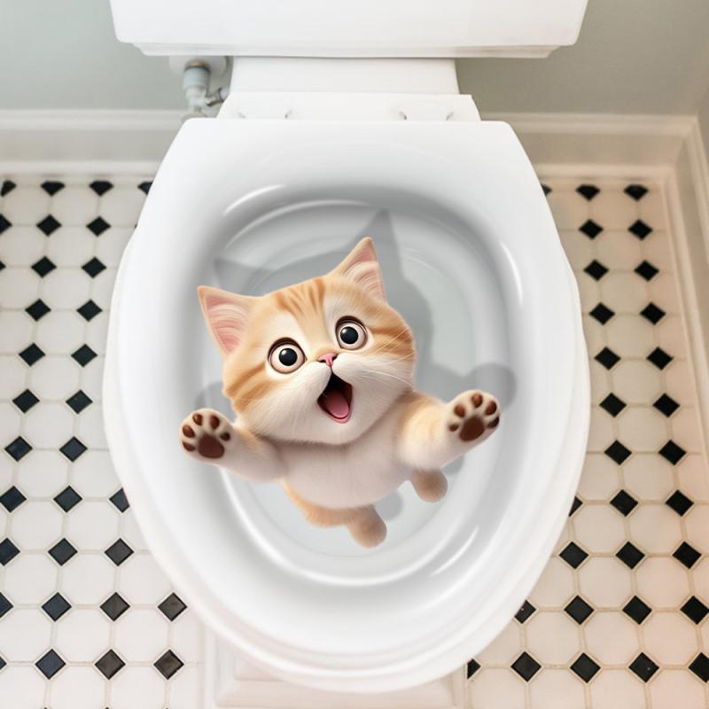 トイレステッカー おもしろ 猫 ネコ 子猫 驚き顔 便座シール デコレーション バスルーム装飾 PVC素材 ..
