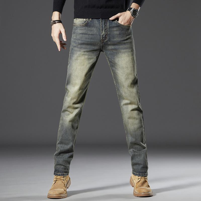 デニムパンツ メンズ 男性用 カジュアル 薄手 微ストレッチ 伸縮性 モダール ラビットウール 秋冬 レトロ ビンテージ フィルムカラー スリム ストレート ウォッシュ加工 ユーズド加工 5ポケット 立体裁断 刺繍 トレンド 普段使い