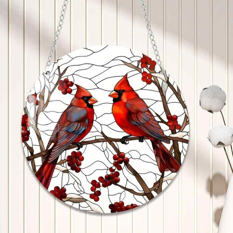 吊り下げ飾り レッド 双喜雀デザイン 枝と円盤 アクリル製 軽量 チェーン付き 玄関 門 車内 インテリア 壁飾り 縁起物 開運 和風レトロ おしゃれ かわいい(x2)