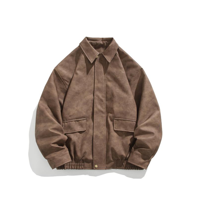 ジャケット メンズ PUレザー ブラウン アメリカンスタイル 襟付き ジップアップ 春秋 レトロ ルーズフィット カジュアル フライトジャケット パッド入りショルダー