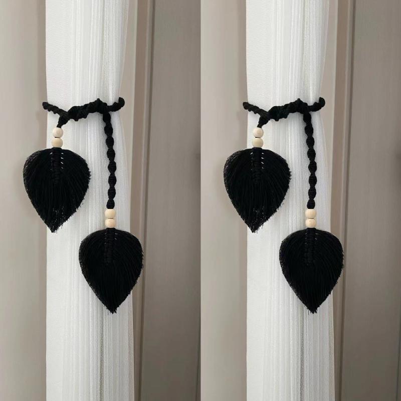カーテンタッセル 手編み コットンリーフデザイン ボヘミアン カーテンホルダー 綿麻素材 北欧風インテリア ロープ式 結び目タイプ おしゃれ