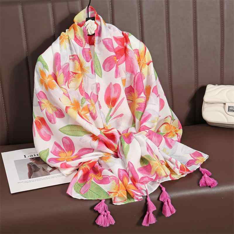 ストール レディース 秋冬 保温 防寒 綿麻 梅の花柄 箔プリント フリンジ ミドル丈 上品 エレガント オ..