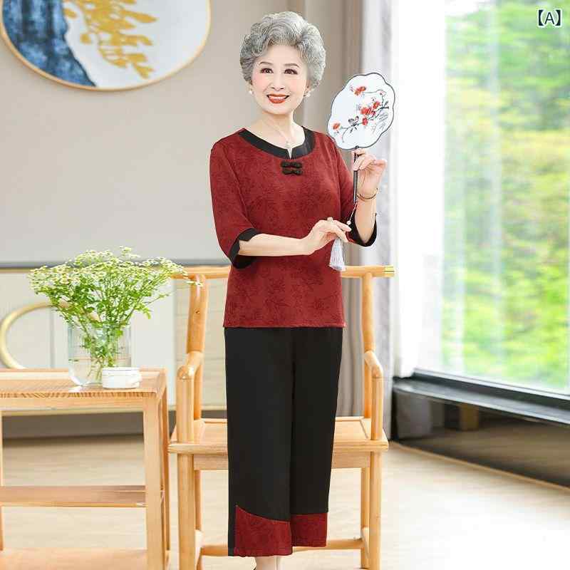 パンツセットアップ レディース ミセス ママ 60代 70代 薄手 軽量 ゆったり 体型カバー 部屋着 2点セット トップス 七分袖 七分丈パンツ ポリエステル 春夏 カジュアル エレガント チャイナ風