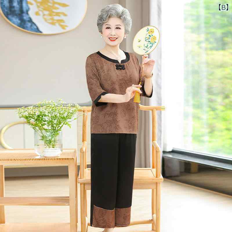パンツセットアップ レディース ミセス ママ 60代 70代 薄手 軽量 ゆったり 体型カバー 部屋着 2点セット トップス 七分袖 七分丈パンツ ポリエステル 春夏 カジュアル エレガント チャイナ風
