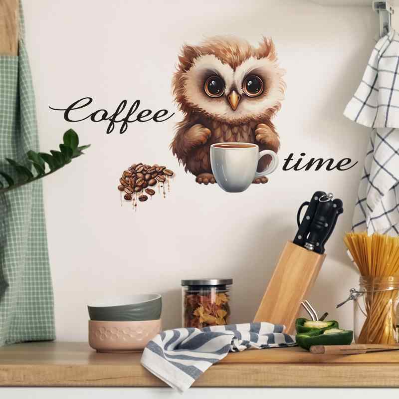 ウォールステッカー 壁紙シール 粘着式 剥がせる 漫画 キャラクター フクロウ コーヒー 書斎 玄関 寮 リビング 子供部屋 寝室 インテリア装飾 DIY PVC素材 おしゃれ かわいい モダン シンプル 模様替え