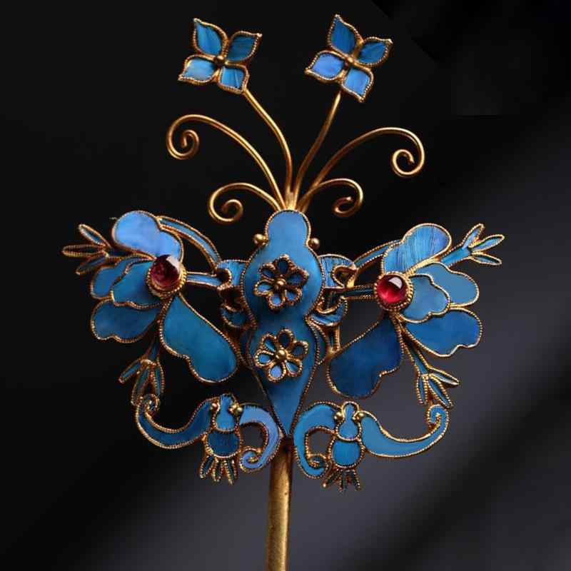 かんざし レディース 景泰藍 点翠 蝶々モチーフ 銀鍍金 中国風 レトロ ヴィンテージ 花嫁 結婚式 浴衣 和装 ヘアアクセサリー 冬物