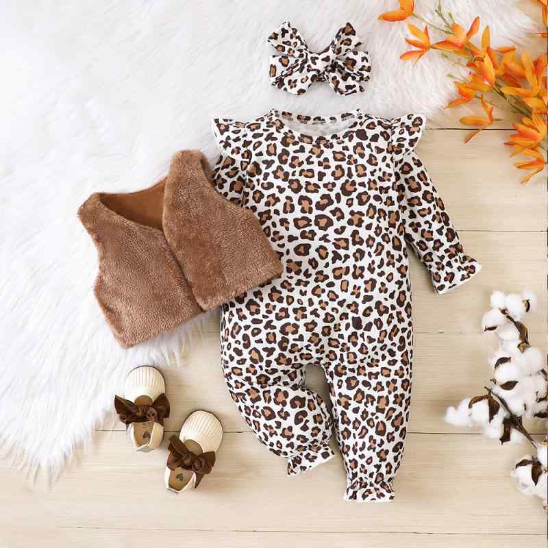 ロンパース 女の子 ベビー キッズ A類安全基準 長袖 ヒョウ柄 アニマル柄 ベスト ジレ付き 2点セット カバーオール 秋冬春 やわらか素..