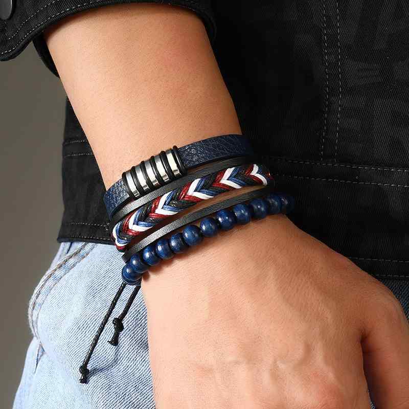 ブレスレット メンズ レディース ユニセックス 手編み ハンドメイド 多重レザー 4点セット シンプル レトロ 幾何学 カジュアル 秋冬 ブルー