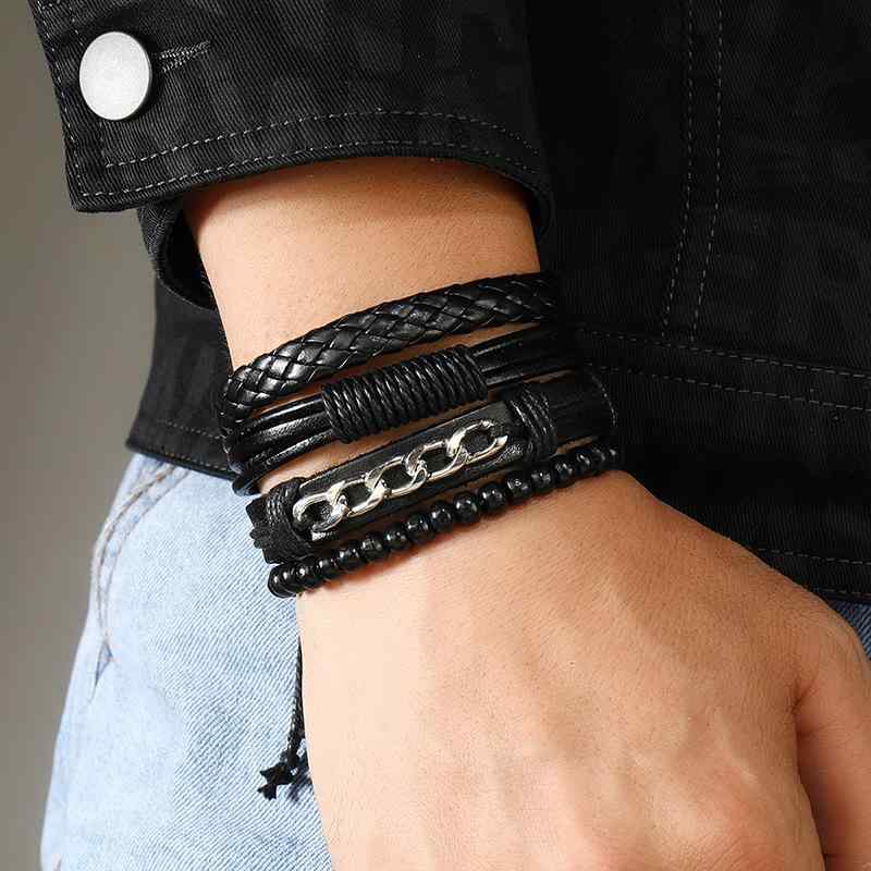 ブレスレット メンズ 男性用 男女兼用 ユニセックス レザーブレスレット 皮製 本革 ハンドメイド 手作り 幾何学模様 レトロ ヴィンテージ アンティーク風 多重 重ね付け エスニック 民族風 シンプル ブラック 4点セット(4.0)