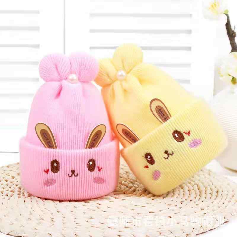 ニット帽 ベビー 新生児 あったか 防寒 フェイクカシミヤ かわいい うさぎ耳 刺しゅう 秋冬物 0-1歳向け イエロー ブルー ピンク 多色展開(x2)
