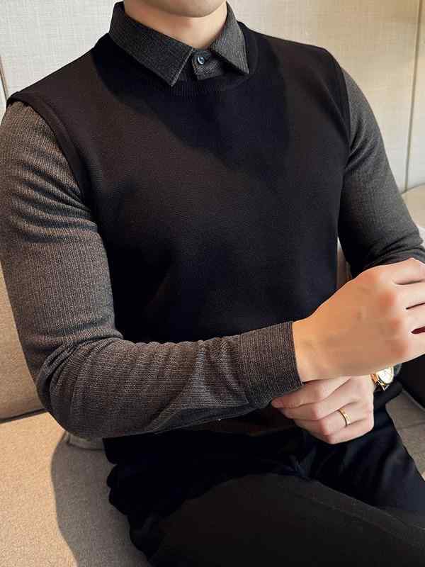 ニット メンズ 吸汗速乾 高ストレッチ 厚手 フェイクレイヤード シャツ襟 長袖 スリムフィット ビジネス オフィス 通勤 カジュアル 高..