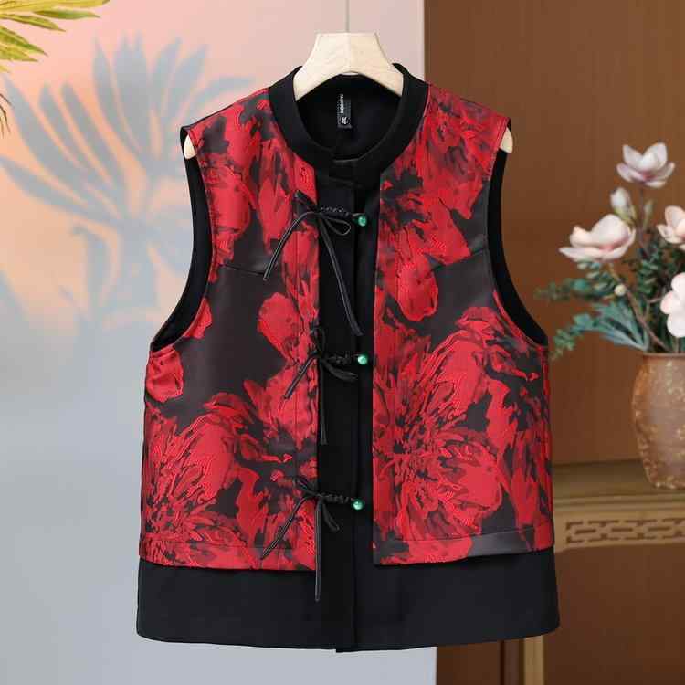 ベスト ミセス 女性用 春秋 花柄 チャイナボタン チャイナ風 レトロ エスニック ショート丈 羽織り アウター ジレ コットン 綿混 イエロー シルバー ワインレッド カジュアル おしゃれ