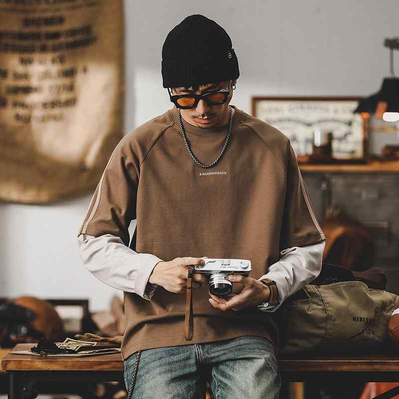 Tシャツ メンズ 長袖 ヘビーウェイト 重ね着風 切り替え ゆったり ルーズフィット アメカジ ストリート 精梳綿 コットン 抗菌防臭 防シワ加工 ロゴプリント スポーツ カジュアル 春秋 トップス