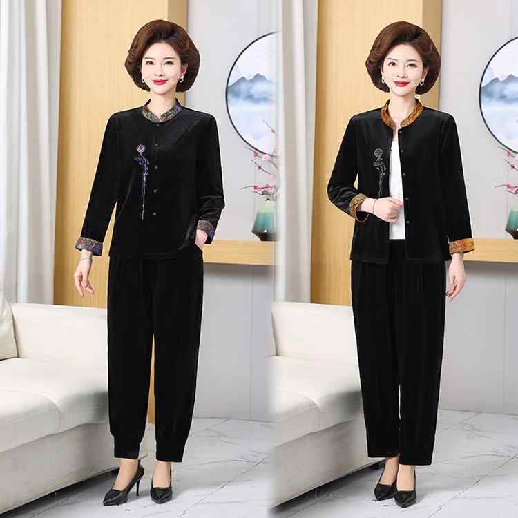 セットアップ レディース 中高年 マダム エレガント カジュアル ベロア ゆったり カーディガン ツーピース ロングパンツ 切り替えデザイン ポケット付き 春秋 綿混 お出かけ 部屋着