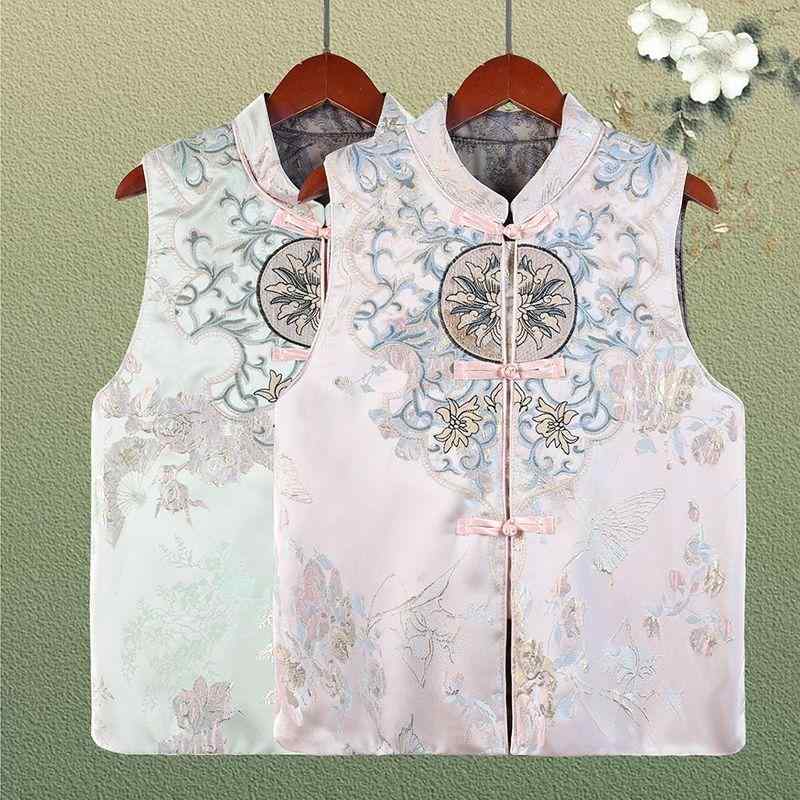 ベスト レディース チャイナ風 レトロ 改良デザイン トップス ラウンドネック シングルボタン 前開き ポリエステル 軽量 速乾 秋冬 カジュアル ジレ