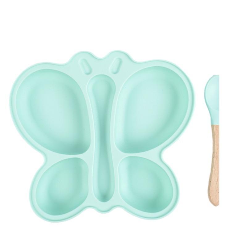 ベビー食器 キッズ用 食品グレード シリコン製 仕切り付き かわいい蝶々 プレート 木柄スプーン 2点セ..