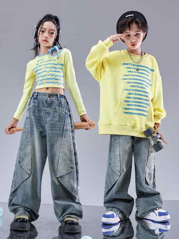 キッズ ダンスウェア 男の子 女の子 ジュニア ヒップホップ ストリート ジャズダンス セットアップ スウェット デニムパンツ 秋冬 厚手 コットン 伸縮性 動きやすい 発表会 舞台 イベント レッスン着 練習着