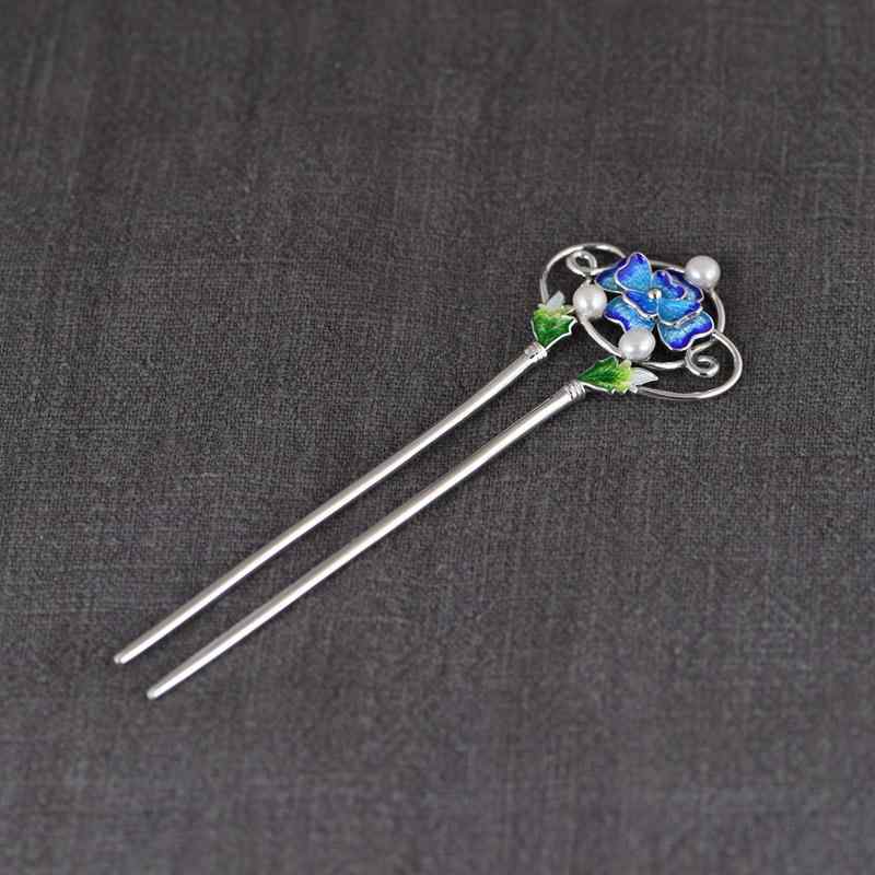 簪 レディース 女性用 S925シルバー 淡水パール レトロ 古風 七宝焼き 花柄 フラワー U字型 ヘアアクセ..