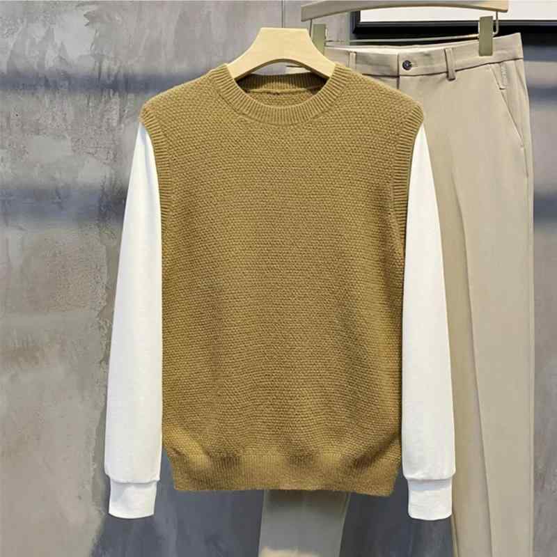 ニットセーター メンズ 通気性 伸縮性 フェイクレイヤード ベスト風 切り替えインナー風 長袖 ゆったり 丸首 韓国ファッション 普段着 秋冬