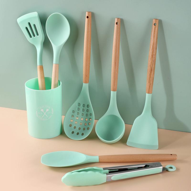 Silicone Cooking Utensils - キッチンツール 耐熱 木柄シリコン製 フライ返し お玉 穴あきお玉 しゃもじ フッ素加工鍋専用 家庭用 調理器具 セット
