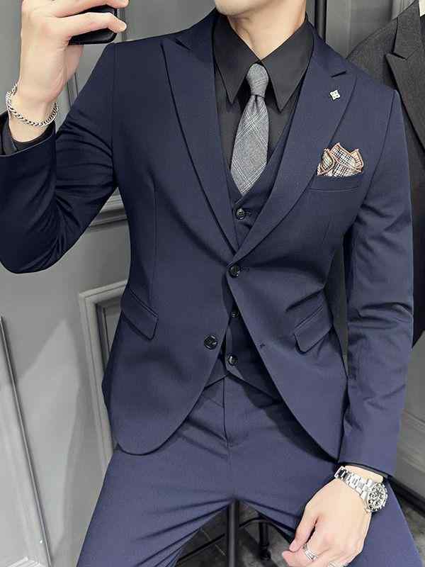 ビジネススーツ メンズ 薄手 スリムフィット スリーピース 3点セット 2つボタン シングル ピークドラペル サイドベンツ 大きいサイズ対応 春秋 ビジネス フォーマル オフィス カジュアル 通勤 黒 ダークグレー 紺