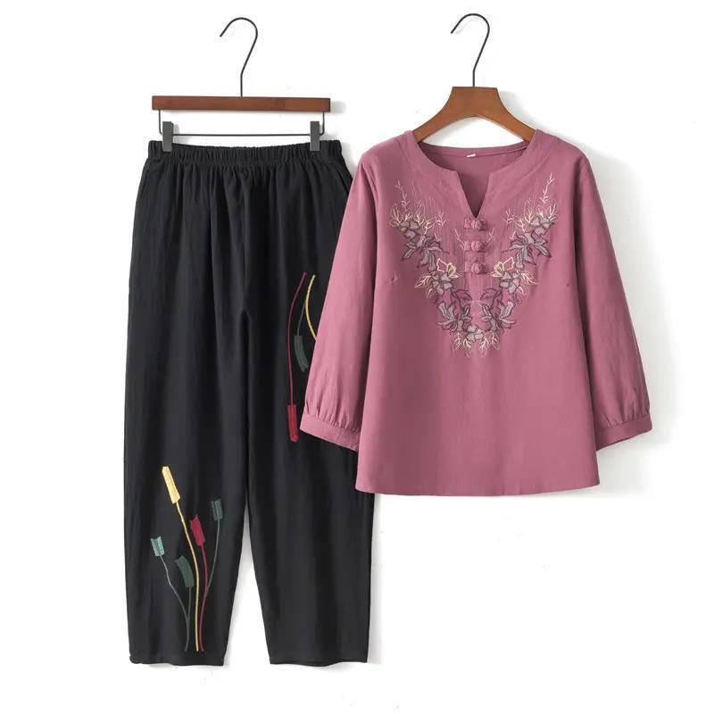 セットアップ レディース ミセス ママ 祖母 綿麻 長袖 刺繡 ゆったり おしゃれ かわいい プルオーバー ..