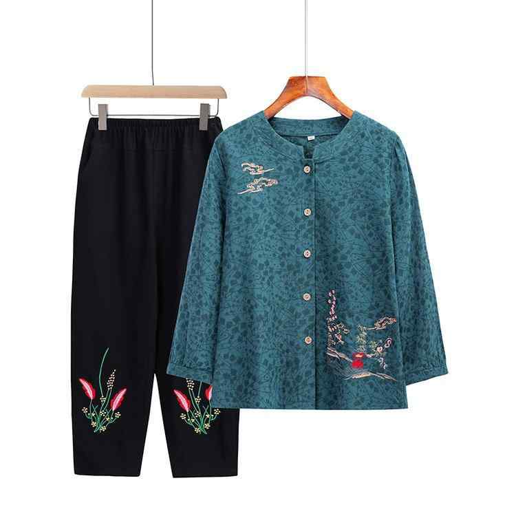 セットアップ レディース シニア ミセス 婦人服 長袖 綿麻 ゆったり 花柄 刺繍 アンサンブル 春秋 ルームウェア カーディガン ツーピース カジュアル