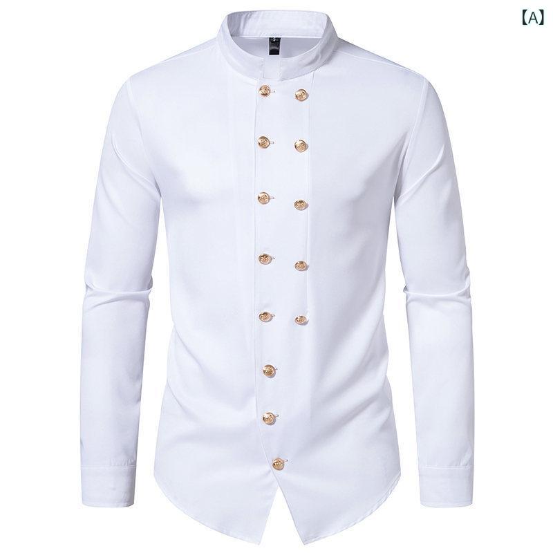 シャツ メンズ 春秋 形態安定 イージーケア ダブルボタン スタンドカラー 長袖 ヘンリーシャツ スリムフィット 切り替えデザイン カジュアル 綿混 白 黒 クラシック