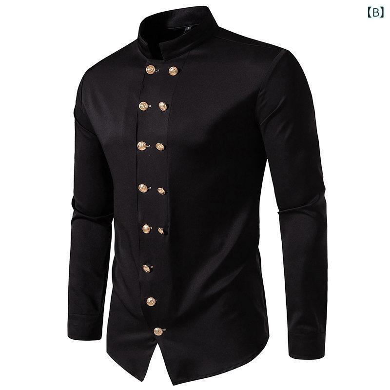 シャツ メンズ 春秋 形態安定 イージーケア ダブルボタン スタンドカラー 長袖 ヘンリーシャツ スリムフィット 切り替えデザイン カジュアル 綿混 白 黒 クラシック